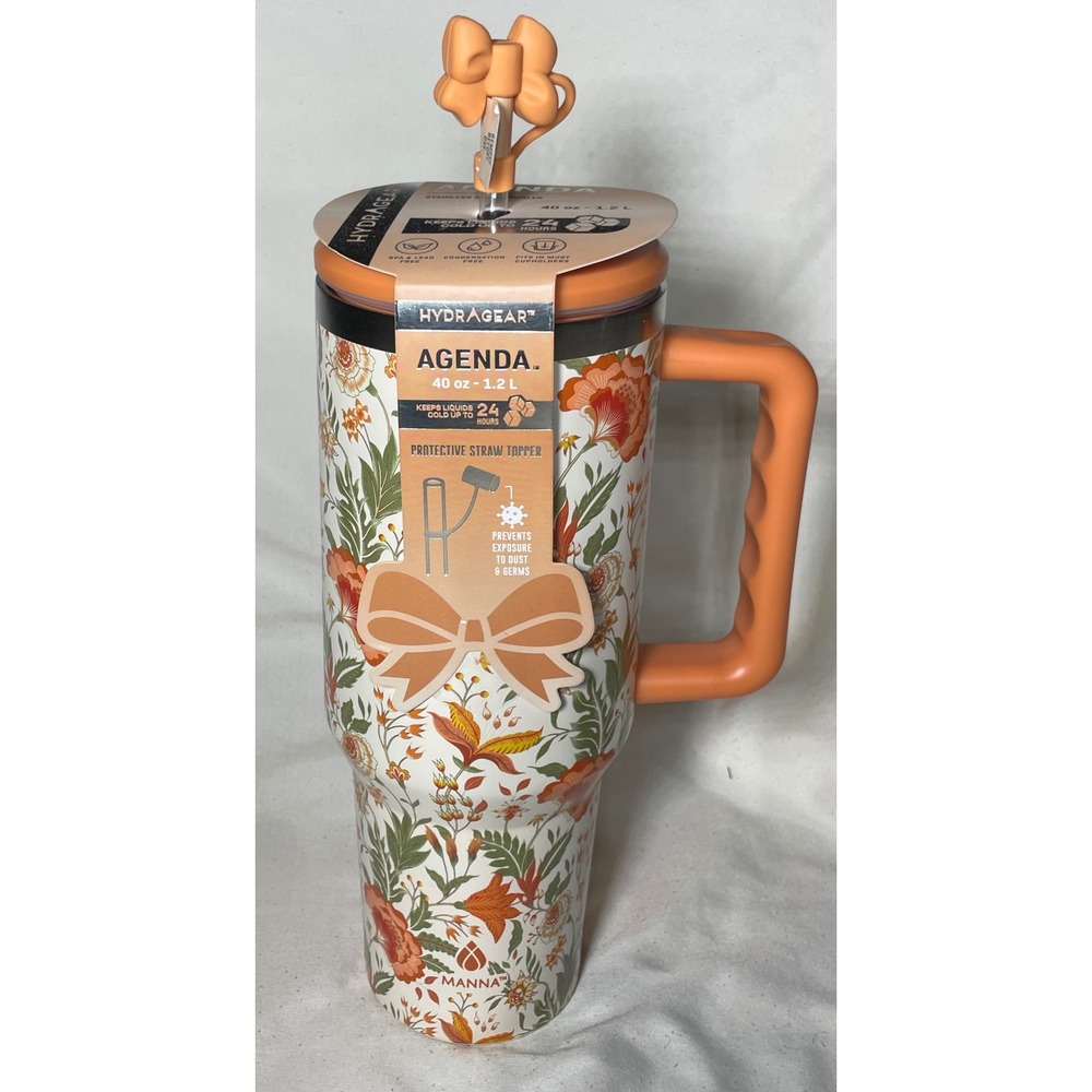 HydraGear Agenda 40oz Stainless Steel Tumbler Orange Floral Bow Straw Topper NEW